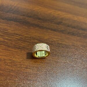 Tory Burch Gold and Pink Enamel Icon T Monogram Ring size 8